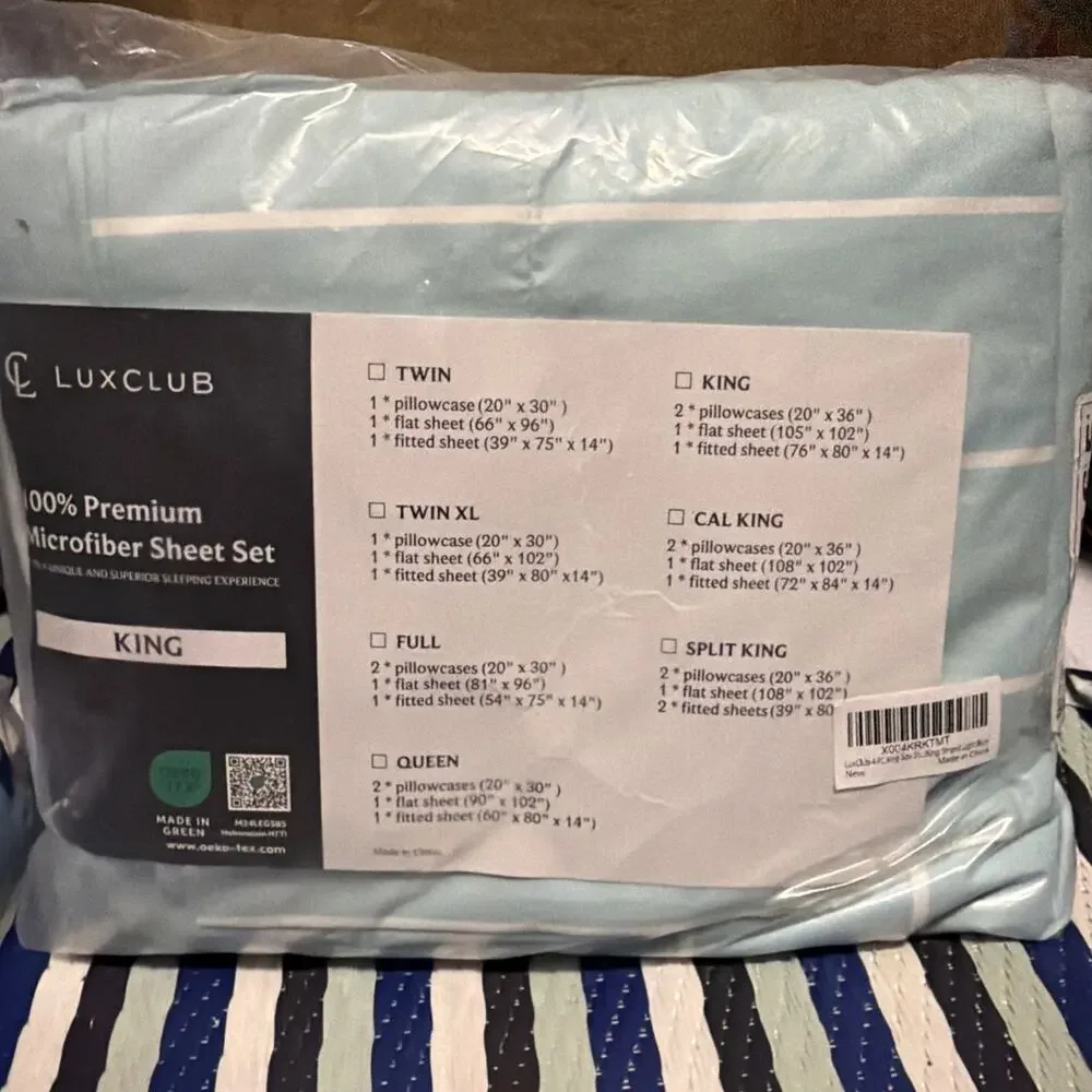 LuxClub 4 PC King Size Sheet Set, Breathable Luxury Bed Sheets Lt Blue